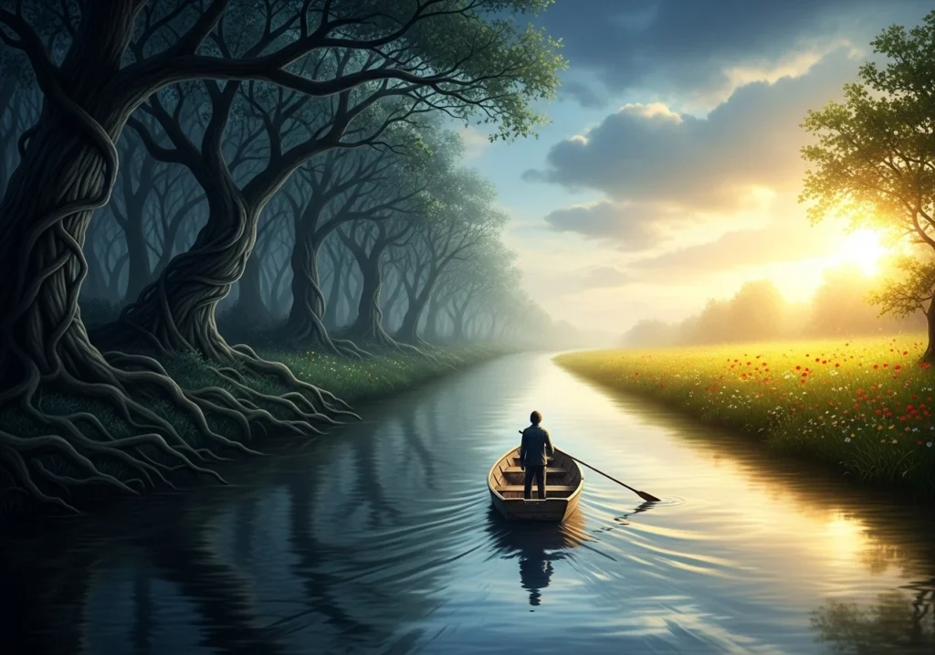 Людина переправляється через річку з темряви до світла, символізуючи перехід на новий етап життя.