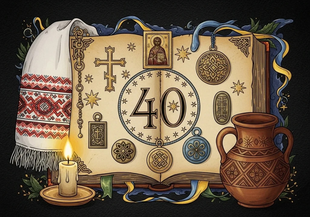 Походження забобонів про 40 років: старовинна книга з цифрою 40 та українськими народними символами — хрест, ікона, рушник