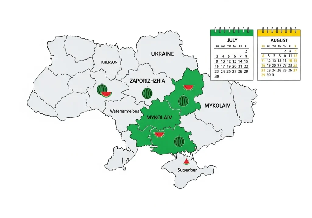 Карта України з регіонами вирощування найсолодших кавунів та оптимальний сезон для покупки — липень та серпень