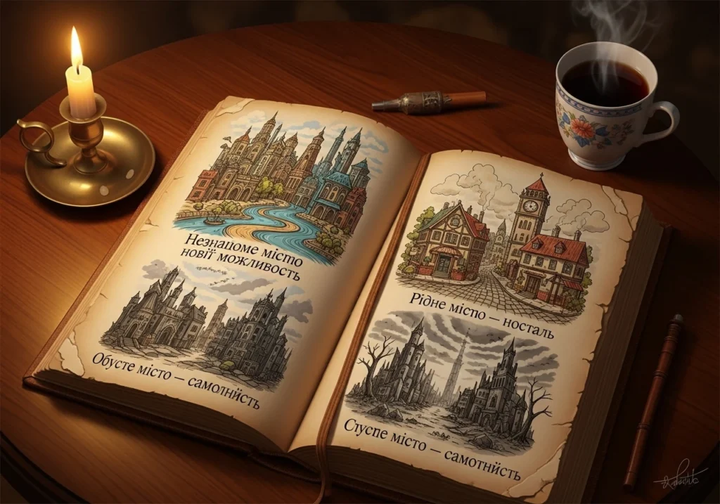 Старовинна книга сонників з ілюстраціями міст уві сні: тлумачення снів про незнайоме місто, рідне місто та пусте місто.
